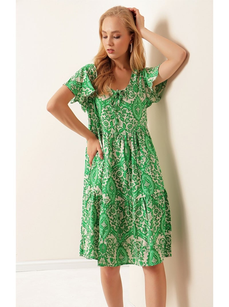 Robe Ethnique Col V Vert - Kiabi