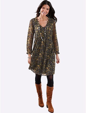 Robe évasée à encolure en V avec manches longues et fleurs - Taille standard - Moda Vilona