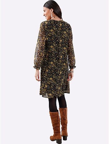 Robe évasée à encolure en V avec manches longues et fleurs - Taille standard - Moda Vilona