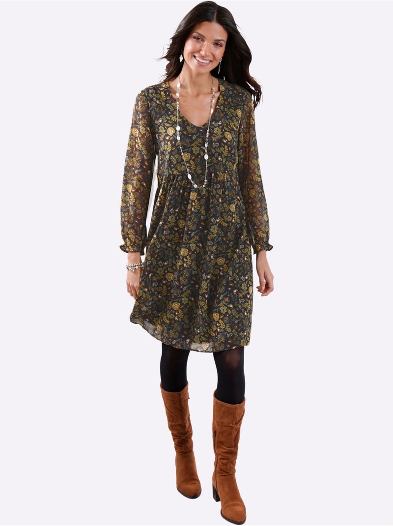 Robe évasée à encolure en V avec manches longues et fleurs - Taille standard - Moda Vilona Noir Orange - Kiabi