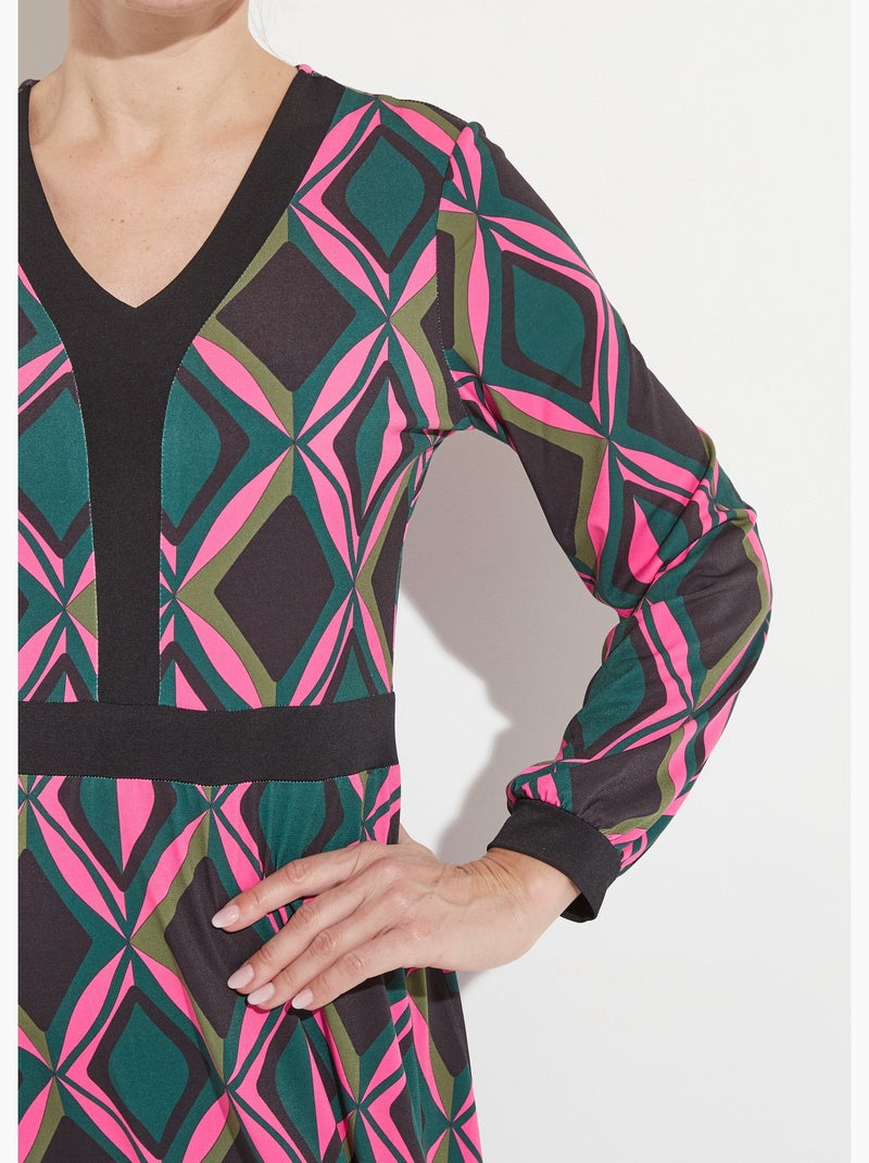 Robe évasée courte graphique col V - Afibel Rose/Vert - Kiabi