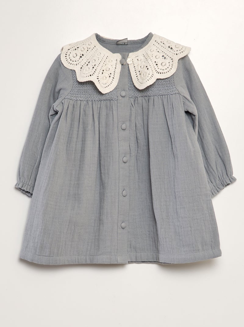 Robe évasée en gaze de coton + col amovible Gris - Kiabi