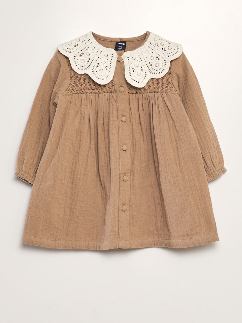 Robe évasée en gaze de coton + col amovible Marron - Kiabi
