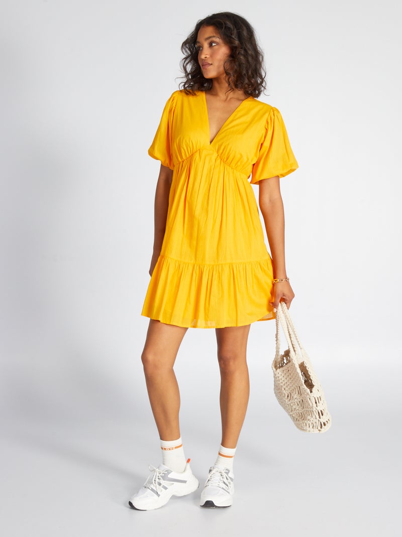 Robe évasée et volantée en voile de coton Jaune - Kiabi