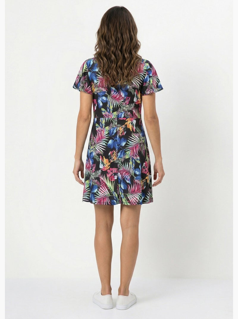 Robe évasée imprimé feuilles courte - Afibel Noir - Kiabi