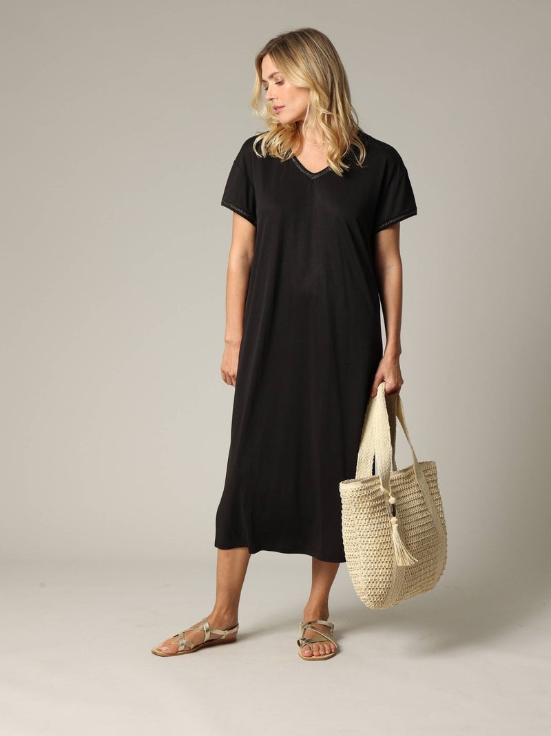 Robe fantaisie et décontractée manches courtes et col V en modal 'Deeluxe' Noir - Kiabi