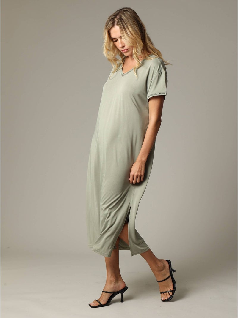 Robe fantaisie et décontractée manches courtes et col V en modal 'Deeluxe' Vert tilleul - Kiabi