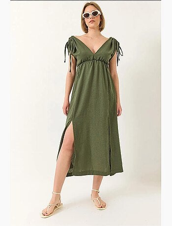 Robe fendue à taille élastique et col en v bianco avec détail noué en texture lin lucci