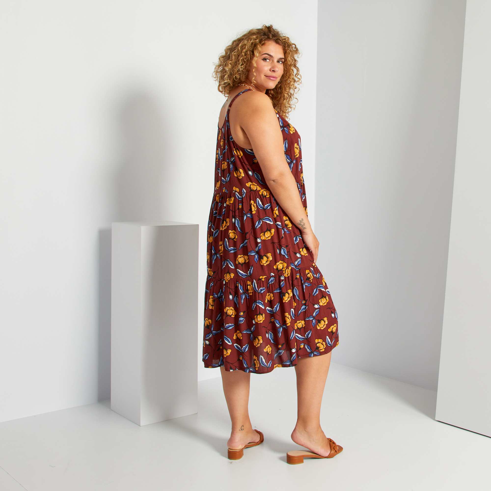 Robe fleurie à fines bretelles Grande taille femme MARRON Kiabi