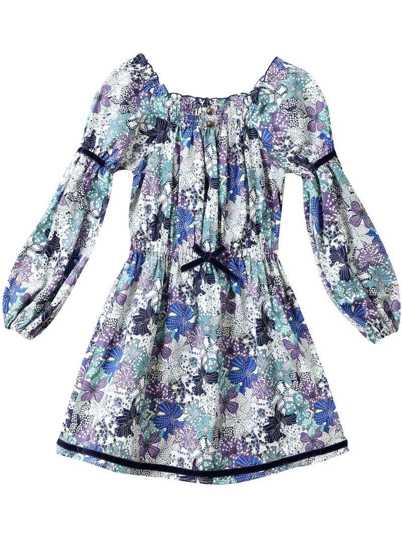 Robe  Fleurie   à Manches Longues et Col Smocks  CHIMENE - La Faute à Voltaire Bleu Violet Blanc - Kiabi