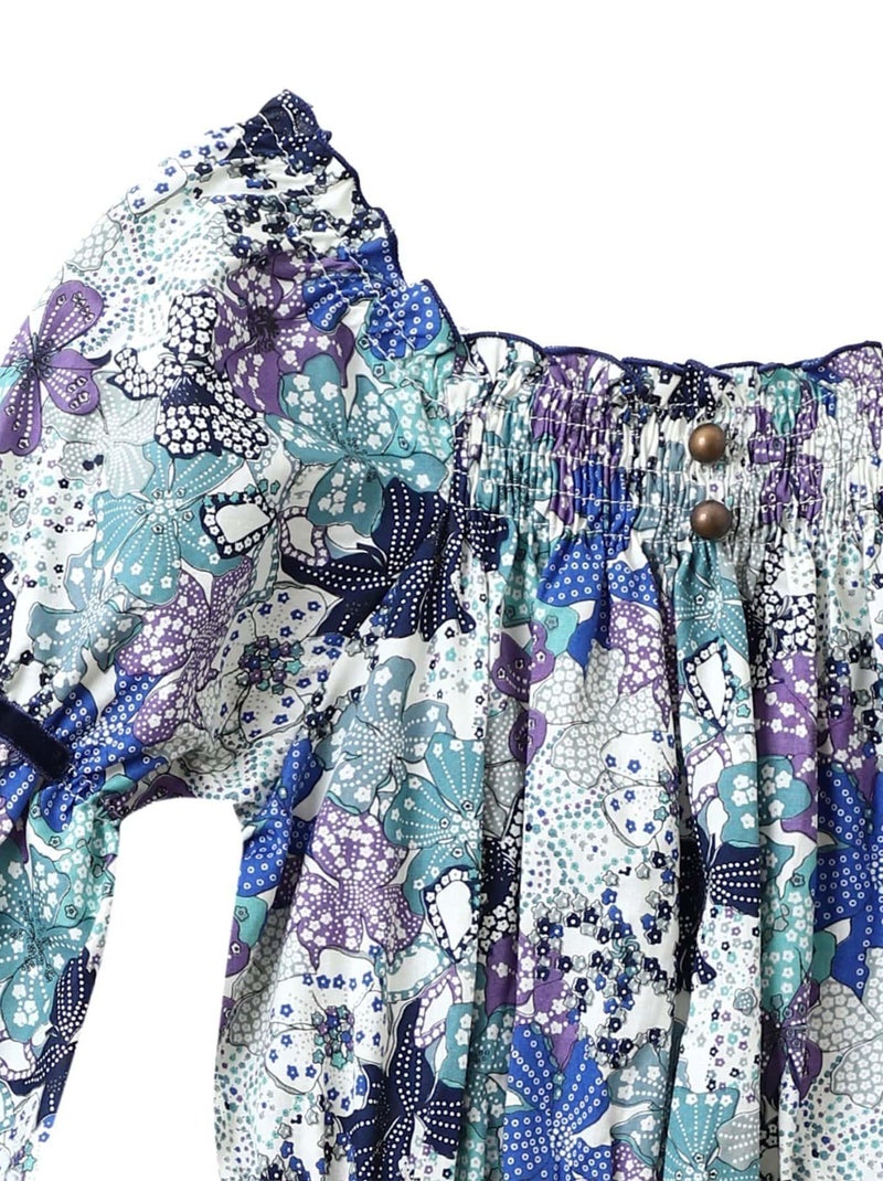 Robe  Fleurie   à Manches Longues et Col Smocks  CHIMENE - La Faute à Voltaire Bleu Violet Blanc - Kiabi