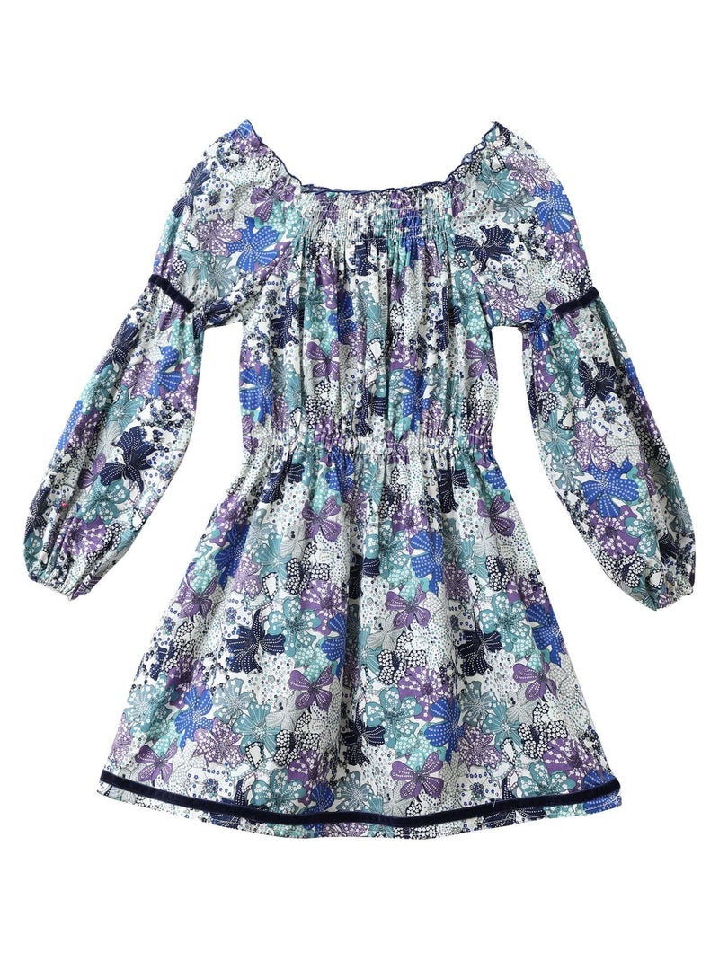 Robe  Fleurie   à Manches Longues et Col Smocks  CHIMENE - La Faute à Voltaire Bleu Violet Blanc - Kiabi