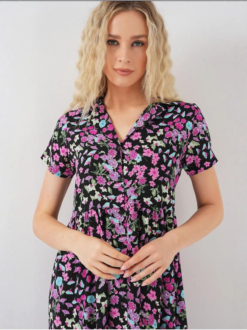 Robe fleurie boutonnée à manches courtes bdart Noir - Kiabi