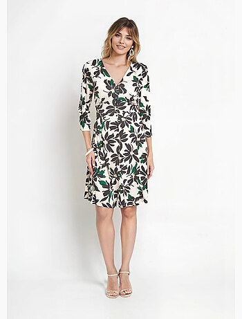 Robe fleurie boutonnée col V et manches 3/4 - Afibel