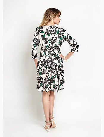 Robe fleurie boutonnée col V et manches 3/4 - Afibel