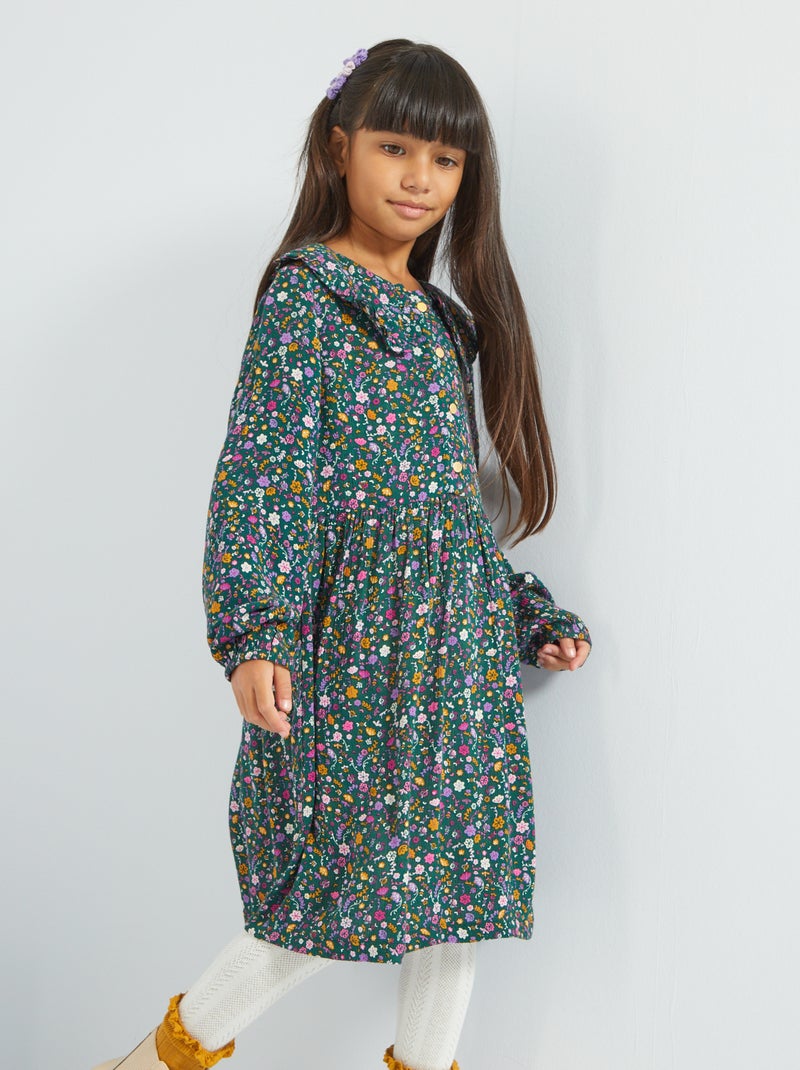 Robe 'fleurie' col claudine Vert - Kiabi