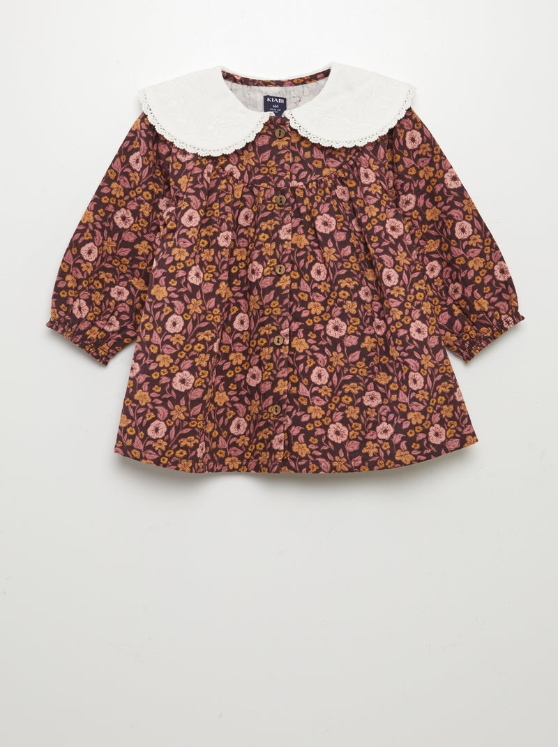 Robe  fleurie en double gaze de coton avec col claudine MARRON - Kiabi