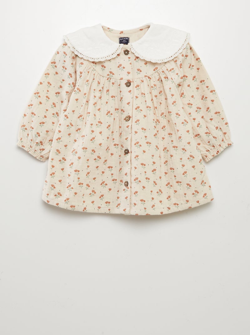 Robe  fleurie en double gaze de coton avec col claudine ROSE - Kiabi