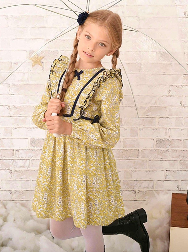 Robe Fleurie Hiver Fille  Coton Jaune Bleu  APPOLINE - La Faute à Voltaire Jaune - Kiabi