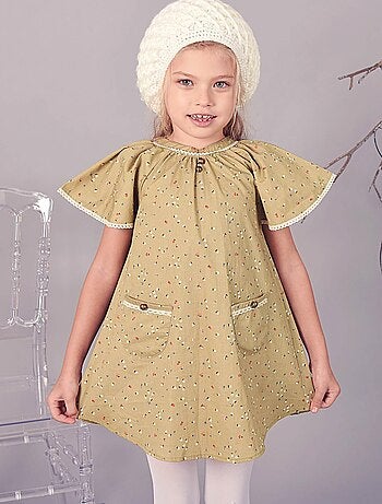 Robe Fleurie Kaki Manches Papillon Fille BUTTERFLY - La Faute à Voltaire