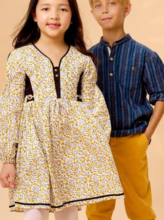 Robe Fleurie Liberty Jaune  Marron Fille  MARGOT - La Faute à Voltaire