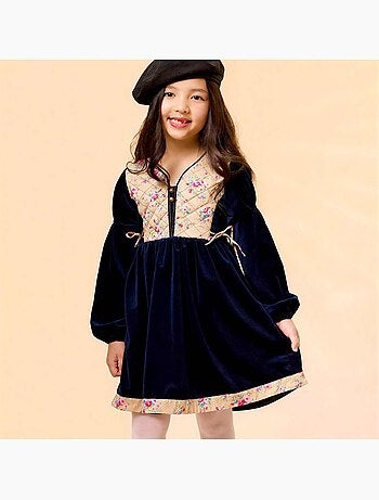 Robe hiver fille en velours bleu marine, fleurie rose | margot - la faute à voltaire - [couleur]