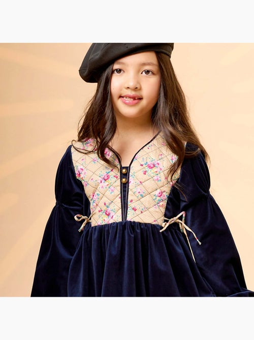 Robe hiver fille en velours bleu marine, fleurie rose | margot - la faute à voltaire - [couleur] - Kiabi