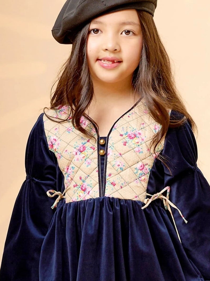 Robe Hiver Fille  Velours Bleu Marine Fleurie Beige Rose  MARGOT - La Faute à Voltaire Bleu marine - Kiabi