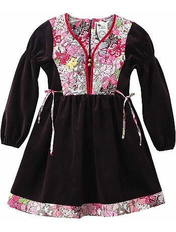 Robe Hiver Fille Velours Marron Fleuri Liberty Rouge MARGOT - La Faute à Voltaire