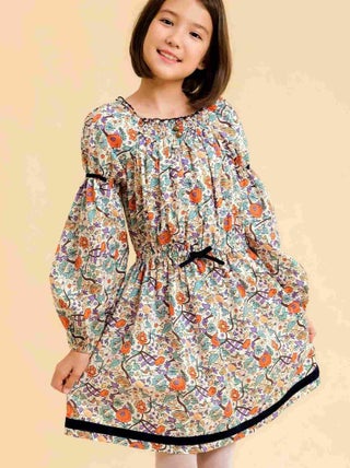 Robe Hiver Fleurie Liberty Fille  Orange Vert  CHIMENE - 'LA FAUTE A VOLTAIRE'