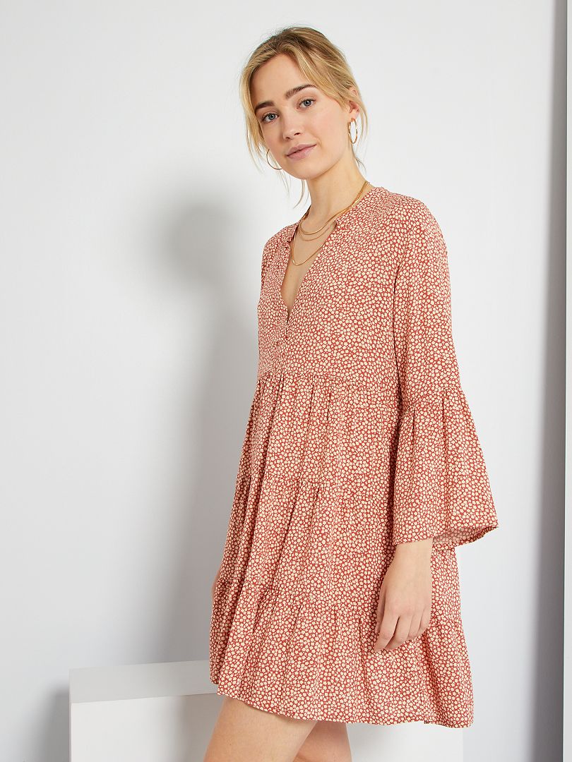 Robe à Manches Volantes Imprimée Fleuri - Couleur Rose/orange, Taille Genou, Neuf Avec étiquettes