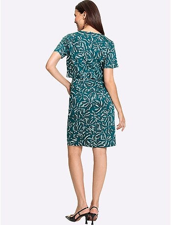 Robe imprimée coton col rond et manches courtes à motif feuillage - Taille courte - Witt