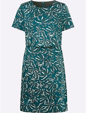 Robe imprimée coton col rond et manches courtes à motif feuillage - Taille courte - Witt