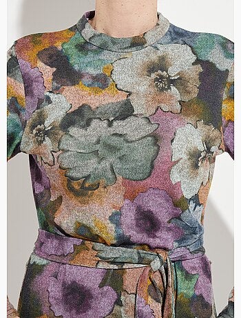 Robe imprimée droite ceinturée col montant maille chaude - Afibel