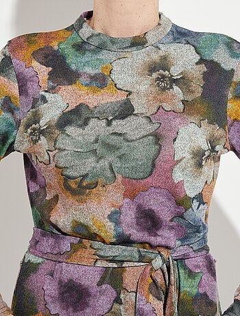 Robe imprimée droite ceinturée col montant maille chaude