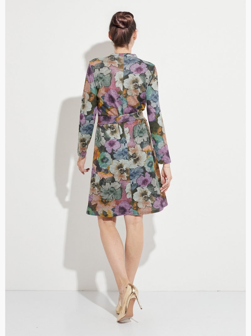 Robe imprimée droite ceinturée col montant maille chaude Gris - Kiabi