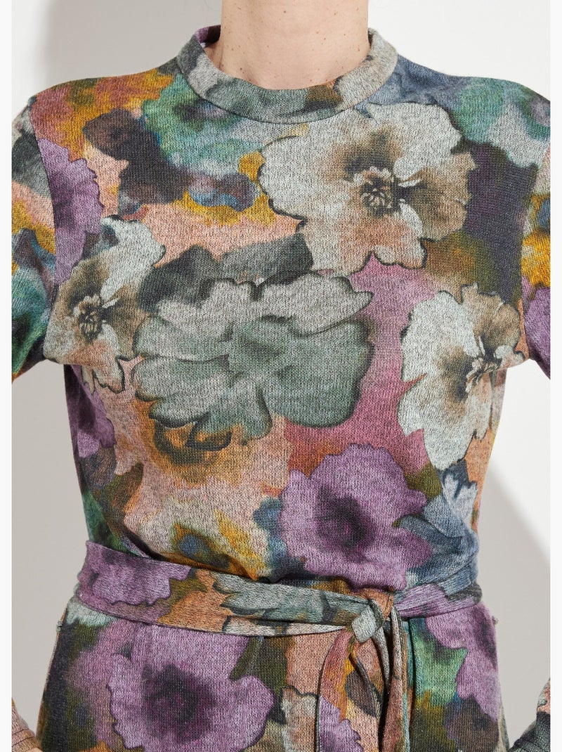 Robe imprimée droite ceinturée col montant maille chaude Gris - Kiabi