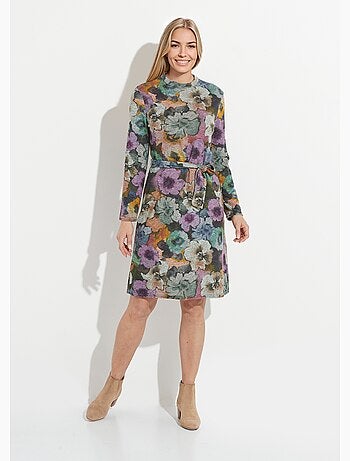 Robe imprimée droite ceinturée col montant maille chaude