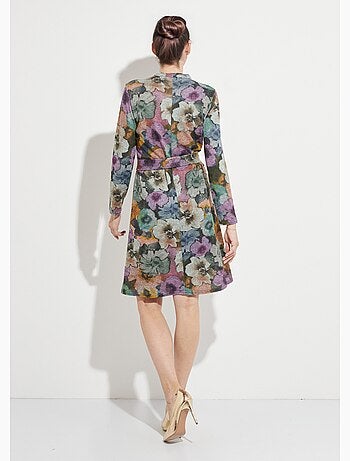 Robe imprimée droite ceinturée col montant maille chaude
