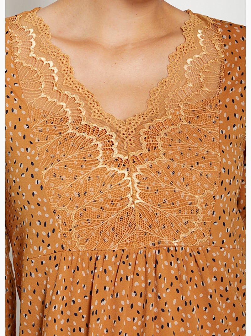 Robe imprimée empiècement dentelle - AFIBEL Miel - Kiabi
