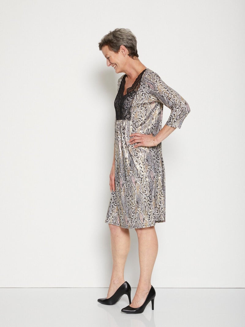 Robe imprimée empiècement dentelle Noir - Kiabi