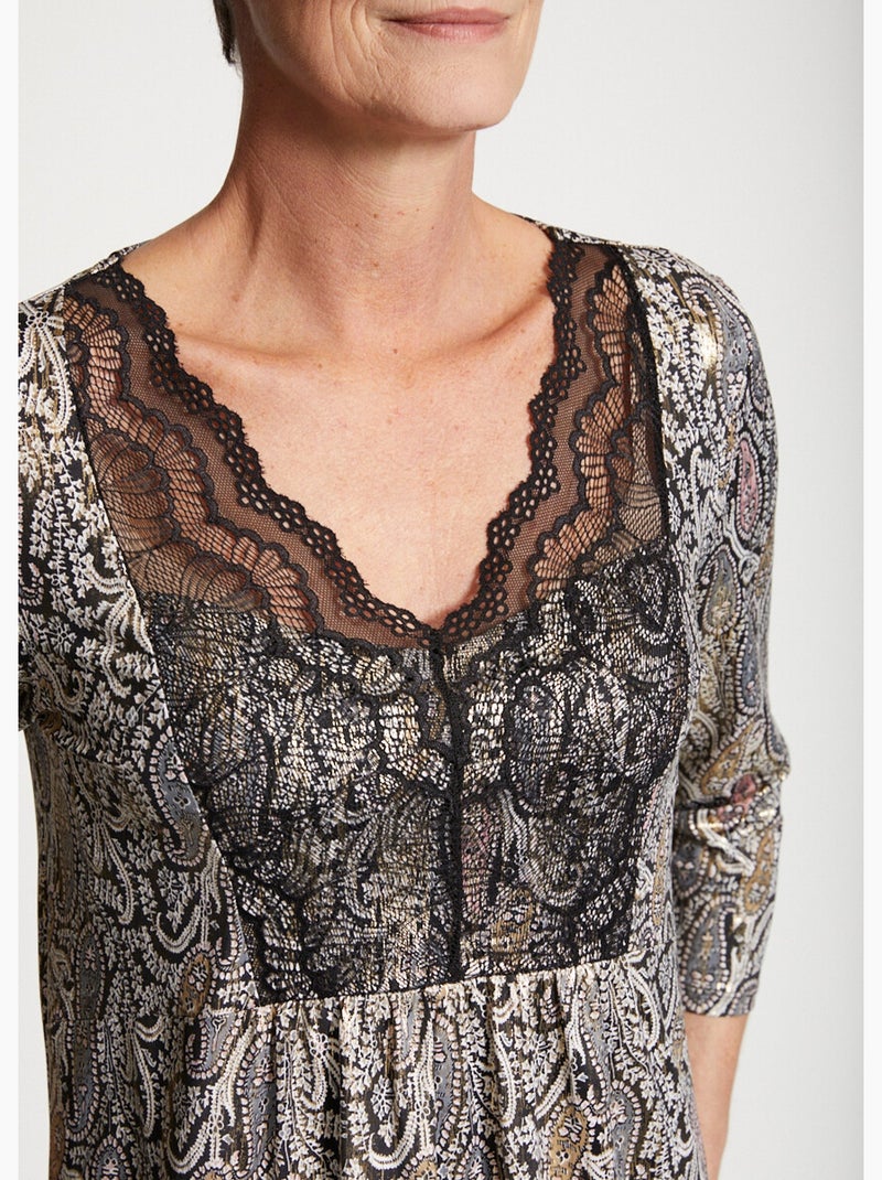 Robe imprimée empiècement dentelle Noir - Kiabi