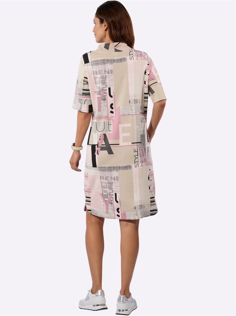 Robe imprimée géométrique à manches courtes et coupe fluide - taille standard - witt Blanc / Rose / Beige - Kiabi
