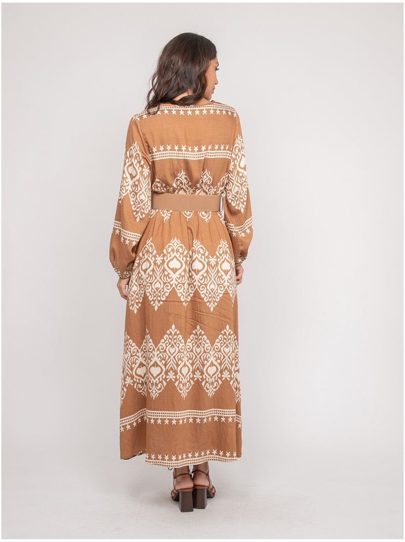 Robe imprimée manches longues avec ceinture ILATINE Beige - Kiabi