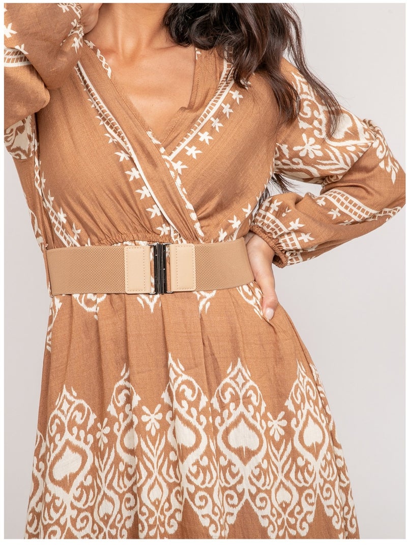 Robe imprimée manches longues avec ceinture ILATINE Beige - Kiabi