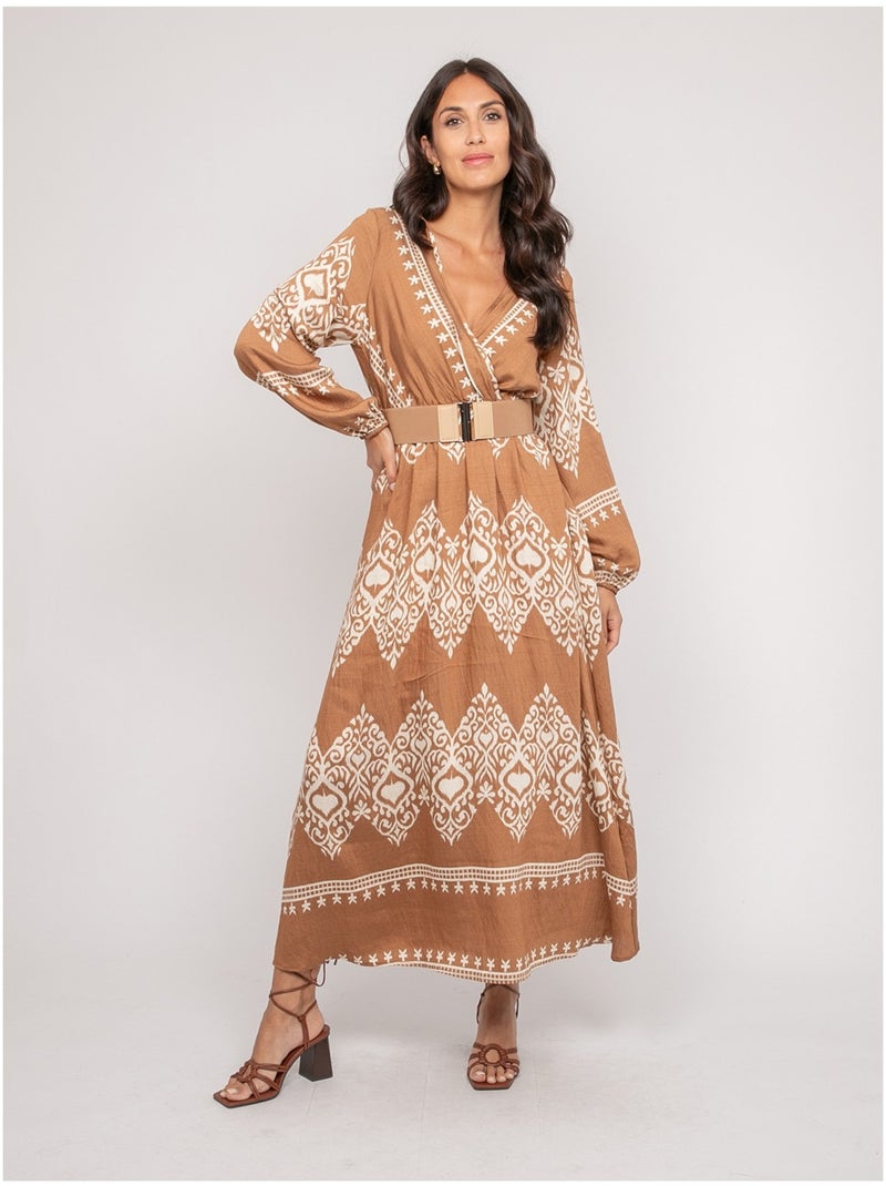 Robe imprimée manches longues avec ceinture ILATINE Beige - Kiabi