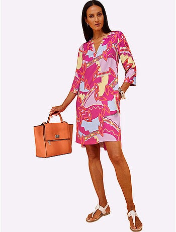 robe imprimée motif abstrait en viscose fluide et manches trois quarts - Taille standard - Helline