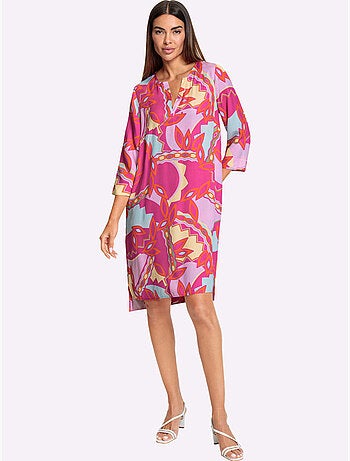 robe imprimée motif abstrait en viscose fluide et manches trois quarts - Taille standard - Helline