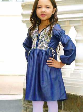 Robe Intersaison Coton Bleu Fleurie Liberty Rose Fille  MARGOT - 'LA FAUTE A VOLTAIRE'