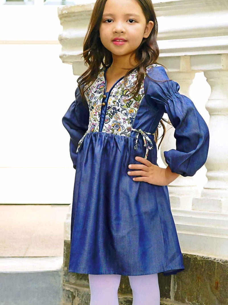 Robe Intersaison Coton Bleu Fleurie Liberty Rose Fille  MARGOT - 'LA FAUTE A VOLTAIRE' Bleu - Kiabi